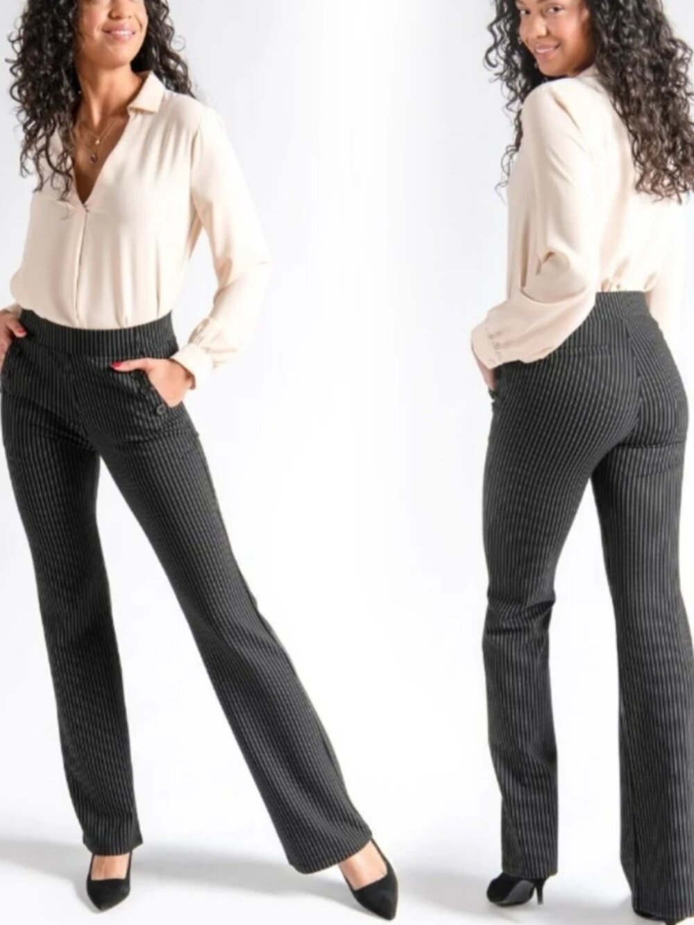 New Betabrand Black Pinstripe Straight Six Button Dress Pant Yoga Pants Large